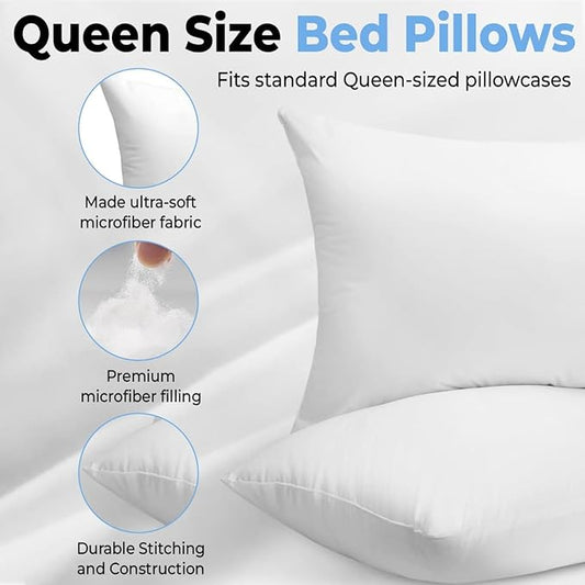 Queen Size Bed Pillows - Set of 2, Medium Density, Soft and Supportive for Back, Side, and Stomach Sleepers (Queen (Pack of 2)) (White, Pack of 2)