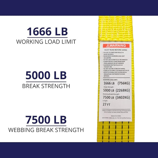 2" x 27' Ratchet Tie Down Straps (2PK) - 5000LB Break Strength - Heavy Cargo Hauling