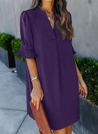 Wkior Shift Dress for Women V Neck Short Sleeves Solid Color Casual Flowy Summer Dresses(S-2XL)