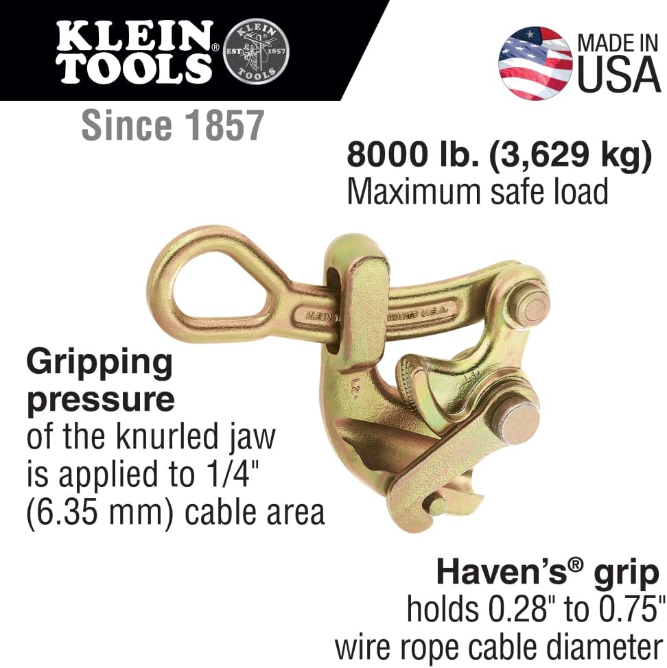 Klein Tools 1625-20 Grip, Made in USA, Haven's Grip Wire Pulling Tool for Wire Rope to 0.75-Inch, Maximum Load 8000-Pound