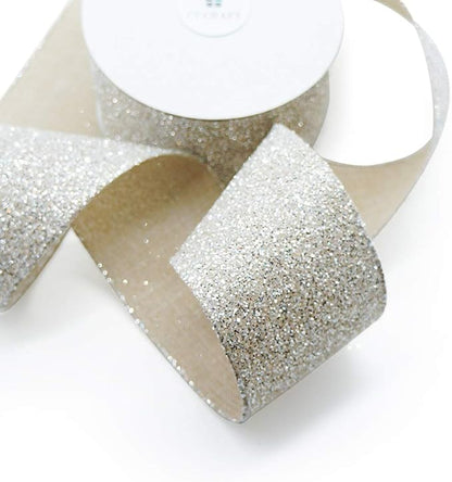 CT CRAFT LLC Sparking Silver Glitter Wired Ribbon 2.5" x 10 Yards TanSilver for Christmas Home Decor Bow Gift Wrapping DIY Crafts Wreath