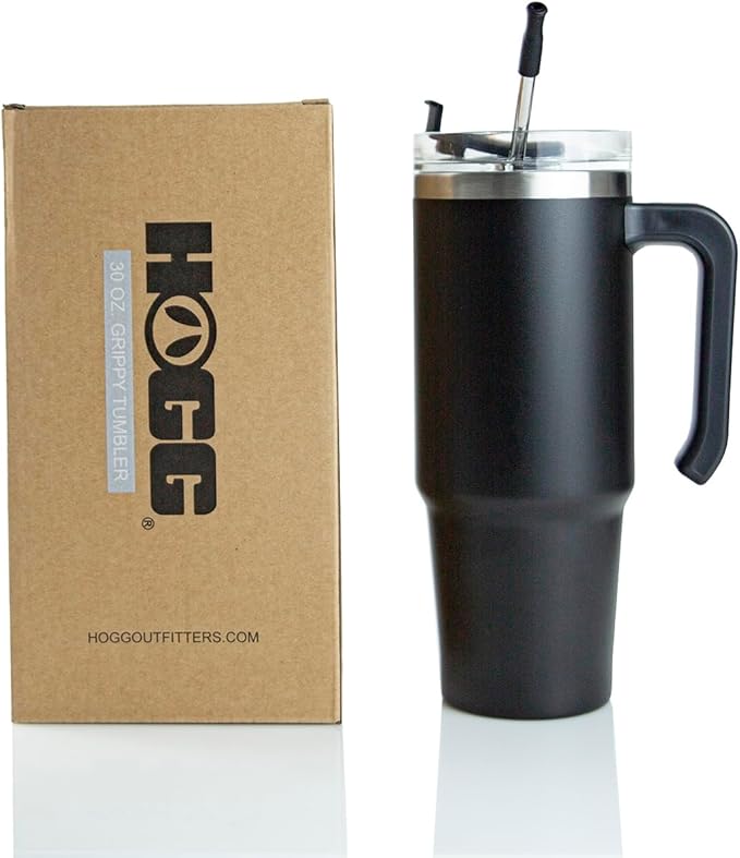 Hogg 30oz Grippy Tumbler with Removable Handle, Lid, and Stainless Steel Straw, DIY, Customizable, Double Wall Insulated Tumblers (Black)