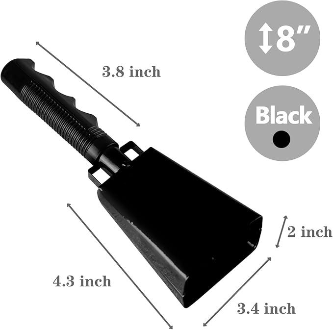 8 inch steel cow bells with handle, cheerleading hand bell for sporting events, football games, parties, farm, hand bells, musical instruments (8 inches, black)