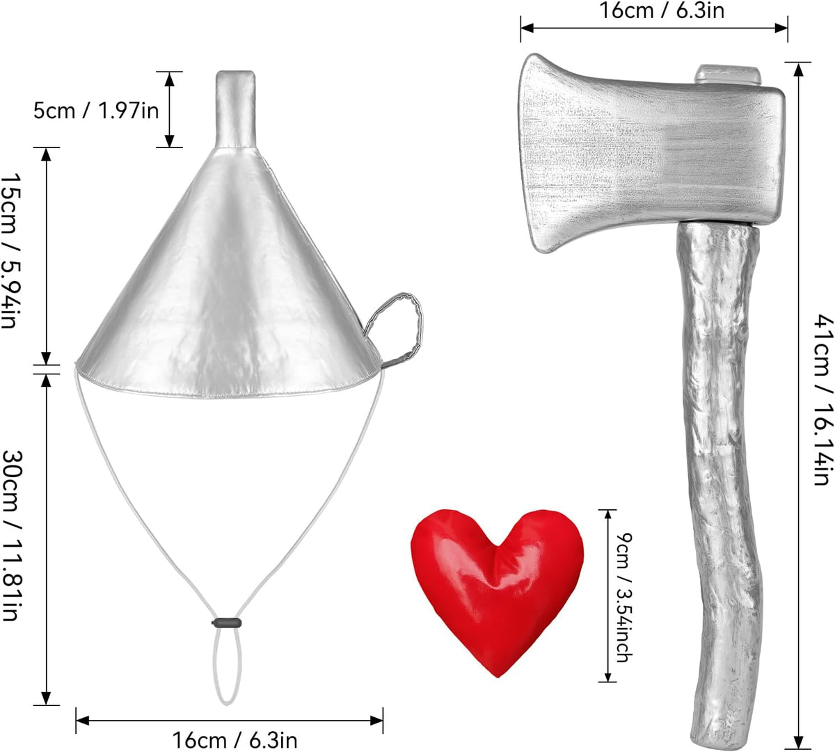 3 PCS Silver Funnel Hat Axe with Heart Brooch,Halloween Tin Costume Accessories for Adult,Kids Cosplay Party