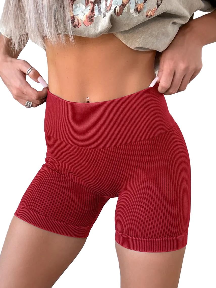 Women's High Waist Yoga Workout Impact Shorts Ribbed Seamless Workout Athletic Legging Shorts