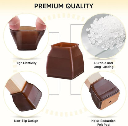 BALEINE 16 Pack Silicone Chair Leg Floor Protectors, Stool Leg Protectors Cap, Non-Slip Chair Leg Caps for Hardwood Floors (Brown  Large (Square), 16 Pack)