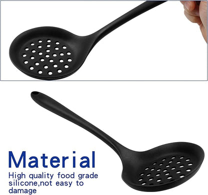 BokWin 1 Pcs Round Slotted Spoon Heat Resistant Silicone Strainer Spoon Non Stick Skimmer Spoon for Cooking Vegetable(Black)