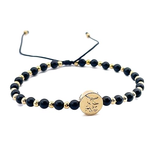 St Michael Archangel Coin and Natural Round White Turquoise Beads Adjustable Bracelet for Women (Black Mate Onix)