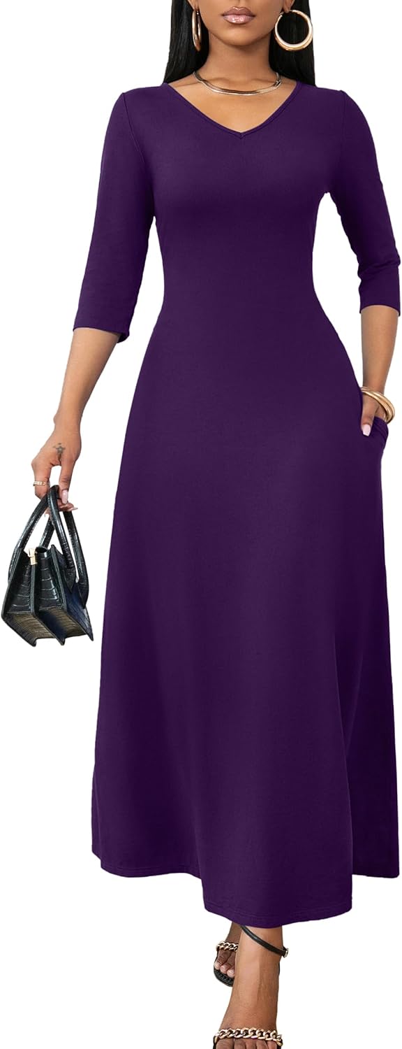 FANDEE Maxi Dress for Women 3/4 Sleeve Maxi Dresses V Neck Casual Loose Long T Shirt Dresses Basic (M-3XL)