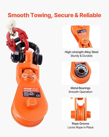 VEVOR 2 Ton Snatch Block with G80 Chain, Swivel Shackle, 3" Sheave for 3/8" Wire Rope, Snatch Block Pulley for Towing and Recovery Applications on Flatbed Tow Truck Rollback Wrecker Car Carrier Cable