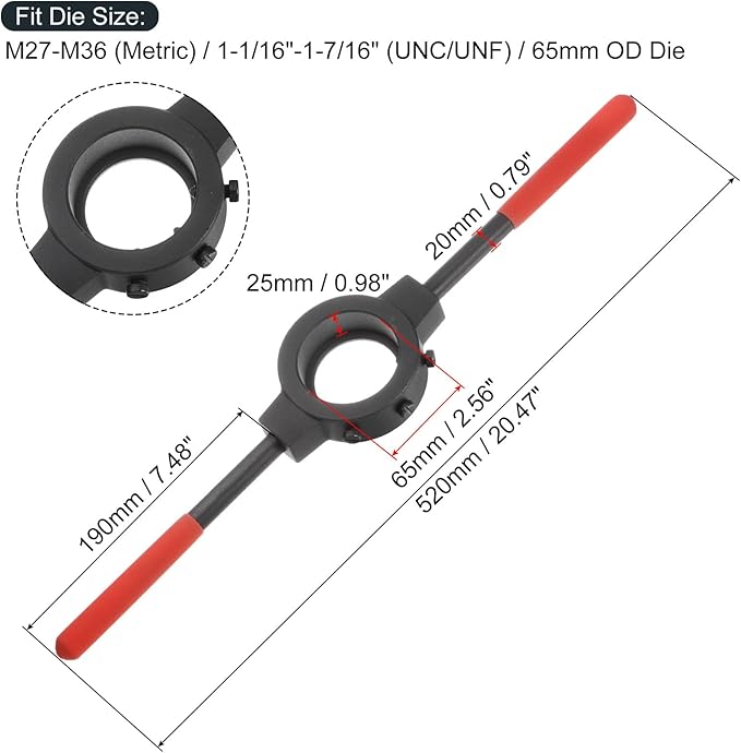 uxcell Die Stock Handle Wrench, for Metric M27-M36 (Metric) / 1-1/16"-1-7/16" (UNC/UNF) / 65mm OD Round Dies, 65mm x 25mm Threading Die Holder with Plastic Handle