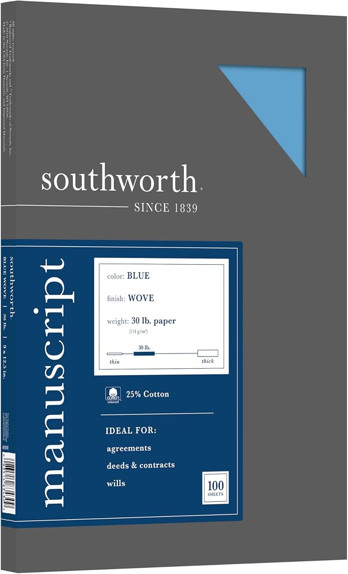 Southworth 25% Cotton Paper Blue Manuscript Covers, 9” x 12.5”, 30 lb. Cover Weight, Blue, 100 Sheets (41S)