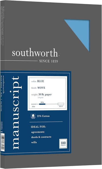 Southworth 25% Cotton Paper Blue Manuscript Covers, 9” x 12.5”, 30 lb. Cover Weight, Blue, 100 Sheets (41S)