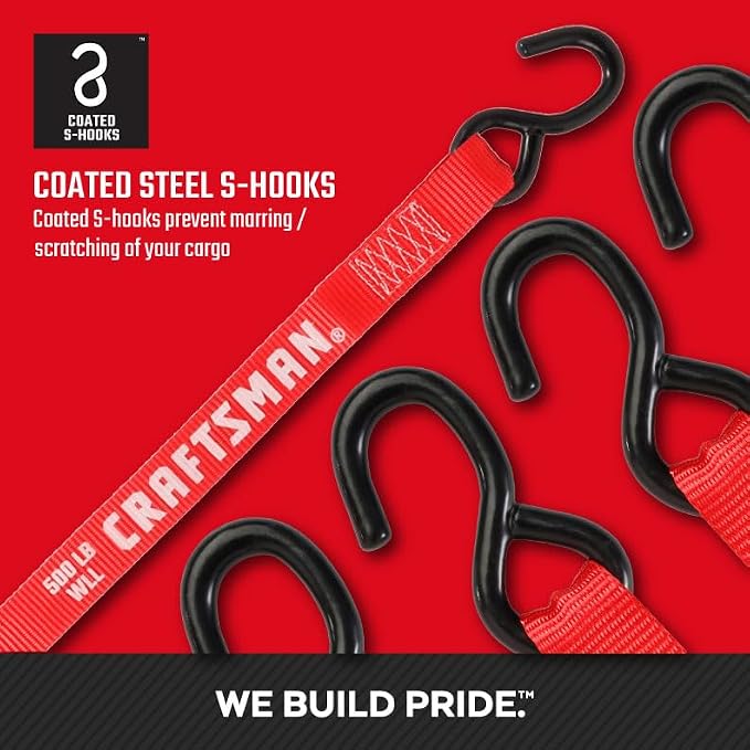 CRAFTSMAN CMXAZBS15004 Black/Red 1" x 12' Ratchet Tie Down Straps - Light/Mid-Weight Duty (1500 lb Break Strength), 1 Pack