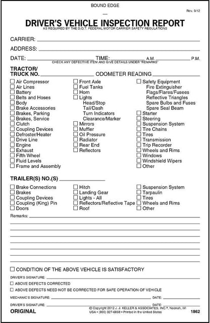 Detailed Driver's Vehicle Inspection Report 10-pk (1862 Rev 10/13). - Book Format with 31 Sets, 3-Ply, Carbonless, 5.5" x 8.5", Meet FMCSR Requirements, J. J. Keller & Associates, Inc.