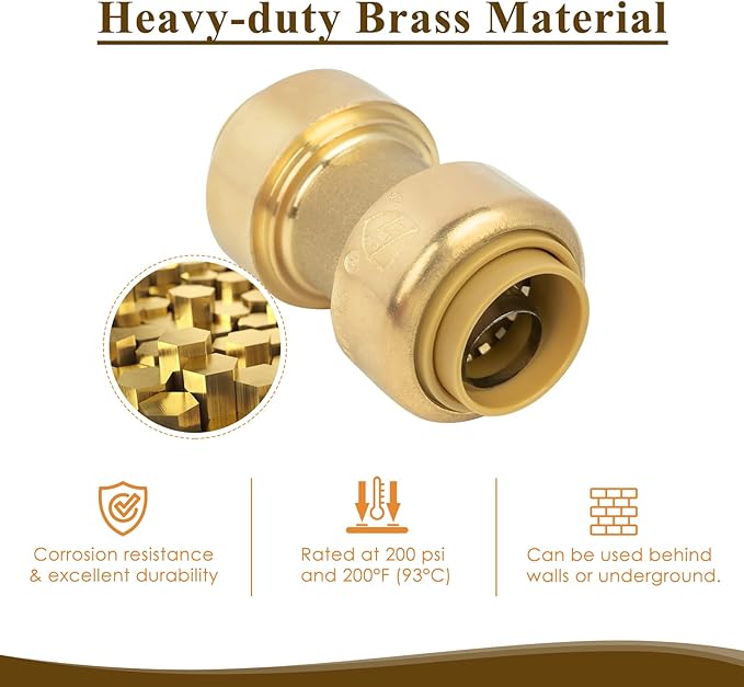 1/2" Pushfit Straing Coupling, Push Fit Pex Fitting for Copper, CPVC Pipe, Brass Push to Connect Plumbing Fitting with Upgraded Stiffener (1 Pack)