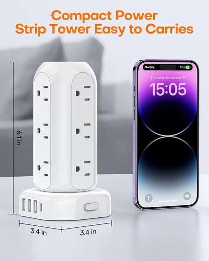 Power Strip Tower PD 20W 12 Outlets and 4 USB Ports Flat Plug Surge Protector with (1 USB C PD 20W) 6.5FT (13A) Travel Power Strip with USB Ports for Home Office Supplies