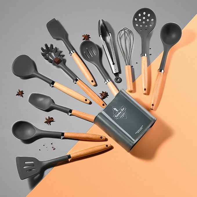1-piece Egg Whisk Silicone Kitchen Utensils Sturdy Thickened Wooden Handle Cooking Utensils Kitchen Gadgets Spatulas Set for Nonstick Cookware