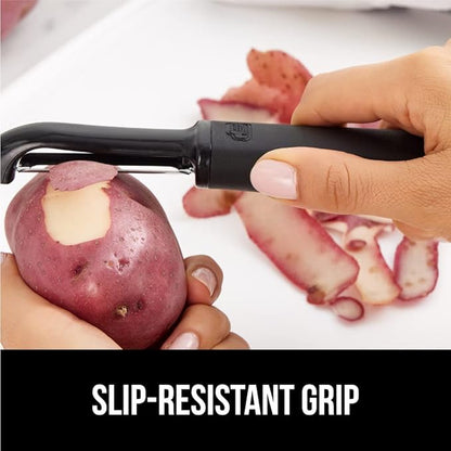 Gorilla Grip Sharp Stainless Steel Swivel Vegetable Peeler, Comfortable Handle, Dishwasher Safe, Potato Peelers for Kitchen, Smooth Peeling, Peel Veggies, Apple, Corn, Includes Blade Guard, Black