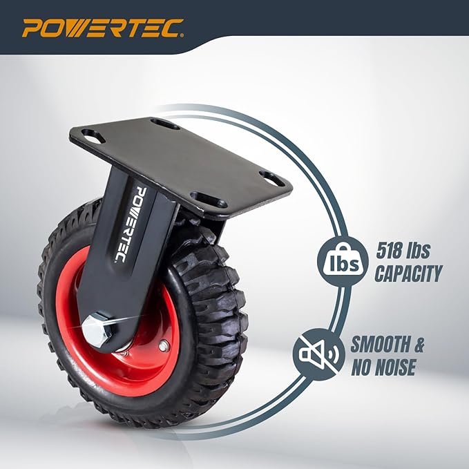 POWERTEC 8 Inch Caster Wheels, Heavy Duty Fixed Plate Casters with Rubber Knobby Tread for Workbench, Dolly, Cart, Trolley, Wagon and Chicken Coop, Large Rubber Castor Wheels, 1PK (17053)