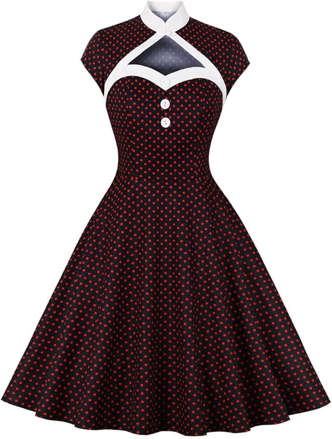 Women 50s 60s Vintage Sleeveless Cocktail Swing Dress 1950s Polka Dot Floral Audrey Rockabilly Prom Party Dress with Belt