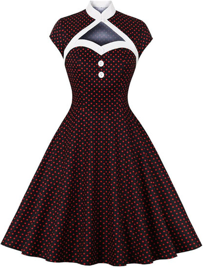 Women 50s 60s Vintage Sleeveless Cocktail Swing Dress 1950s Polka Dot Floral Audrey Rockabilly Prom Party Dress with Belt
