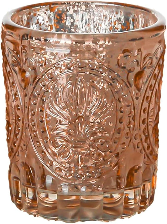 WGV Rose Gold Vintage Primrose Votive Candle Holder 2.75" x 3.25"H, Mercury Emblem Glass Tealight Candleholder, Home Accent Dcor, Wedding, 1 Pc