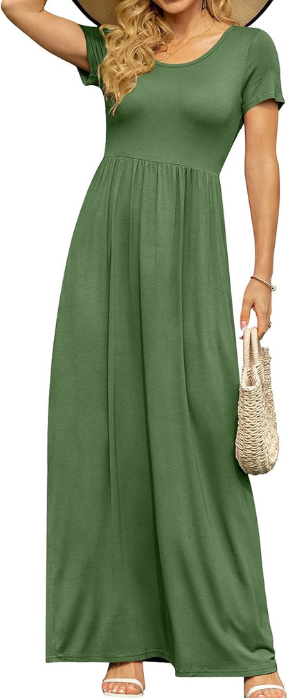 DB MOON Womens 2026 Summer Maxi Dresses Casual Short Sleeve Empire Waist Spring Long Dress with Pockets