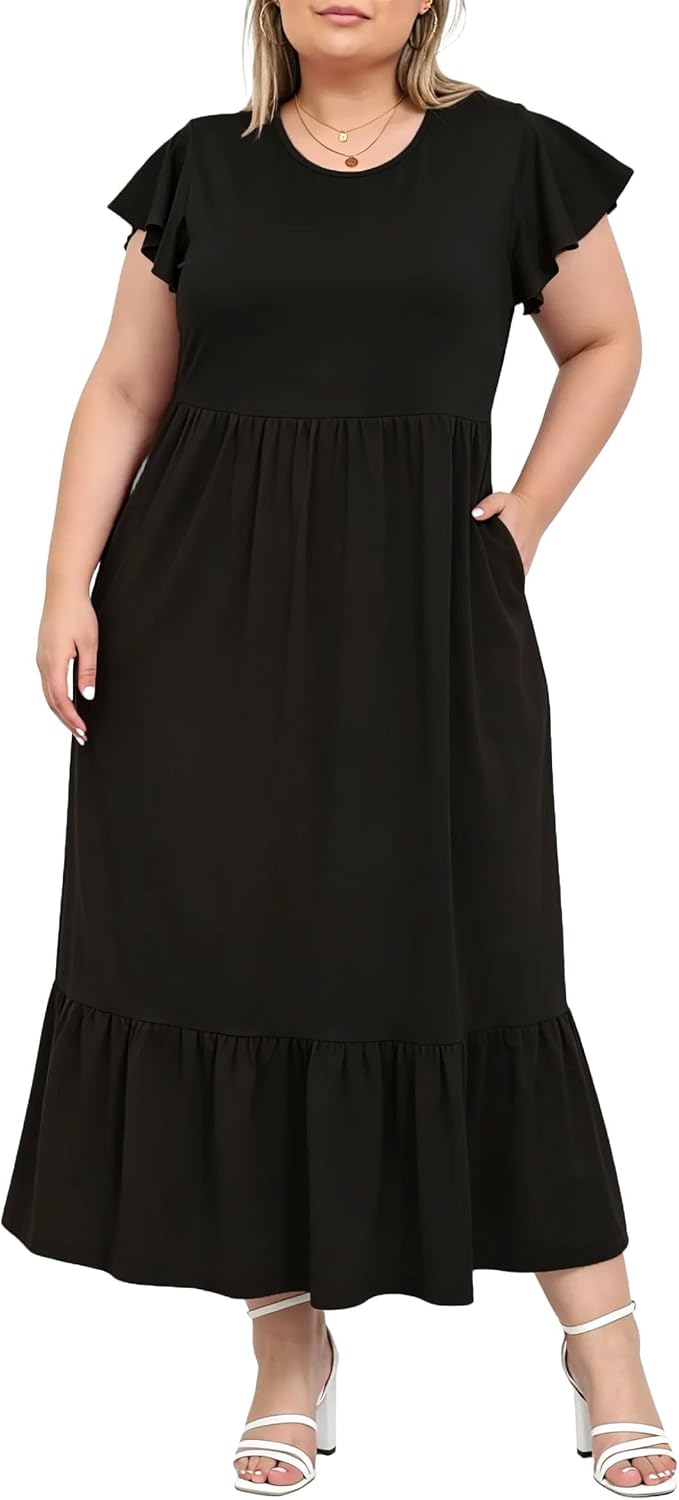Women's Plus Size Maxi Dress Crew Neck Ruffle Short Sleeve Summer Casual Dresses with Pockets Floral Long Dress