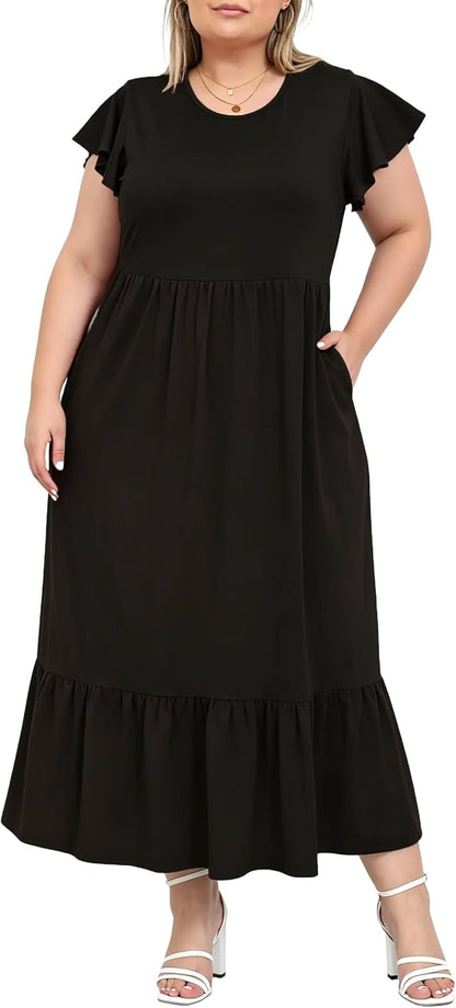 Women's Plus Size Maxi Dress Crew Neck Ruffle Short Sleeve Summer Casual Dresses with Pockets Floral Long Dress