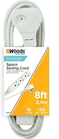 Woods SlimLine Indoor Flat Extension Cord, 8 Ft, 16 Gauge Right Angle Plug, 3 Polarized Outlets, 125 Volts, White, 2241