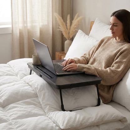 23.4" Foldable Lap Desk Bed Table with Cup Holder Tray Black Portable Folds Flat for Easy Storage, No Assembly Laptop Bed Desk, Sturdy and Lightweight, Patent Design ( 4 sports were scratched ) )