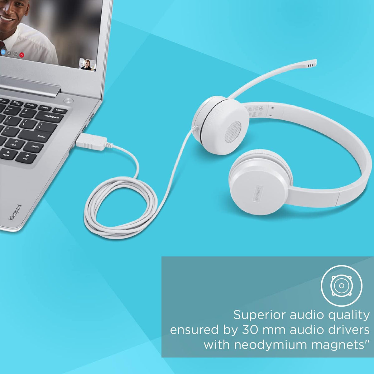 Lenovo 110 USB Stereo Headset, Noise Canceling, Adjustable Boom Mic for Right/Left Ear, Long Cable, Works with Chromebook, GXD1B67867, Silver,Gre