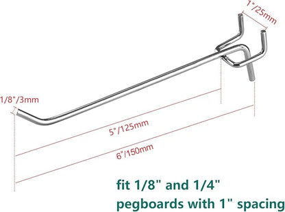 50 Pcs Pegboard Hooks 6 Inch, Heavy Duty Peg Hooks, Metal Shelving Hooks fits 14 and 18" Pegboard Garage Storage Organizer