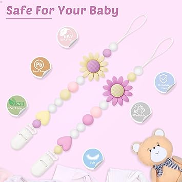 2 Pack Silicone Pacifier Clip for Boys and Girls, Features One-Piece Design Pacifier Strap with Clip, Adorable Sunflower Pacifier Holder for Baby Teethers and Toys