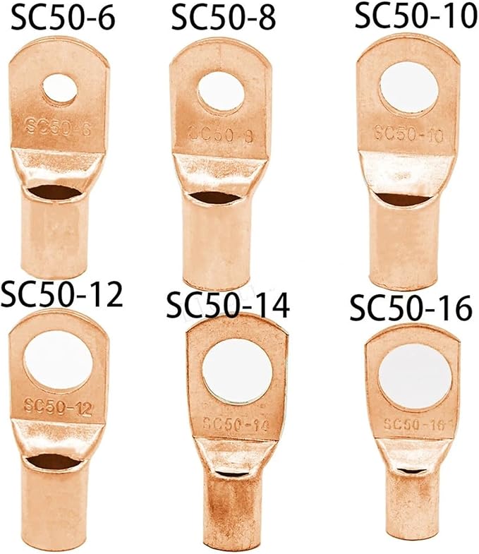10Pcs20Pcs Golden SC50-6 SC50-8 SC50-10 SC50-12 SC50-14 Bolt Hole Tinned Copper Cable Lugs Battery Terminals 50mm Wire (SC50-10,20PCS)