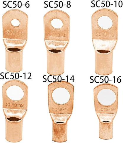 10Pcs20Pcs Golden SC50-6 SC50-8 SC50-10 SC50-12 SC50-14 Bolt Hole Tinned Copper Cable Lugs Battery Terminals 50mm Wire (SC50-10,20PCS)