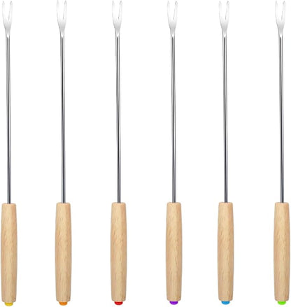 ZukoCert 6Pcs Stainless Steel Fondue Forks, Color-Coded 9.5 Inch Fondue Sticks with Wooden Handle, Heat Resistant Skewers for Cheese, Chocolate Fountain, Roast Marshmallows, Fruits