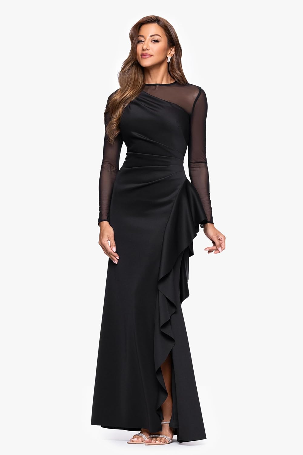 Xscape Women's Scuba Crepe Illusion Neck Mesh Sleeve Ruffle Floor Length Dress.