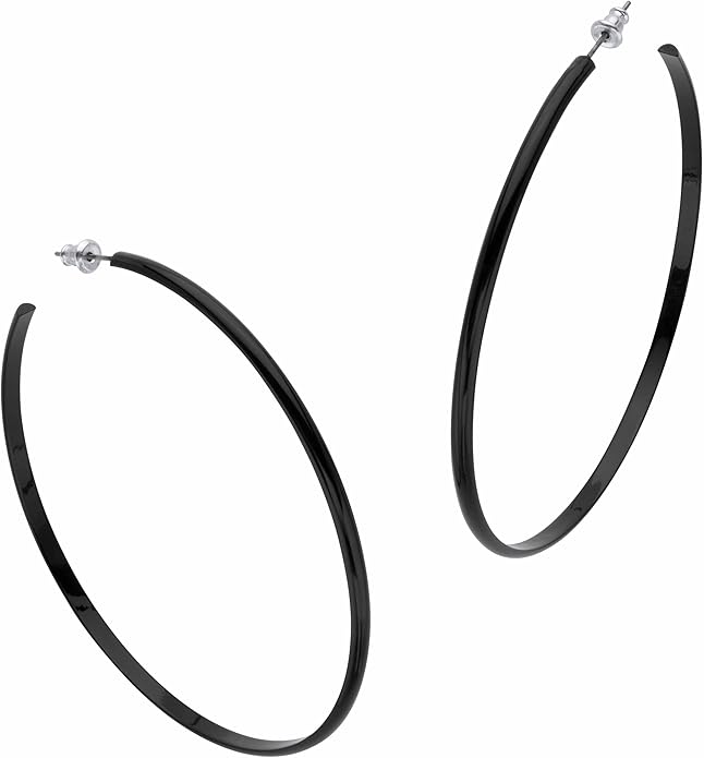 PalmBeach Silvertone Enamel Black Open Hoop Earrings (60mm)