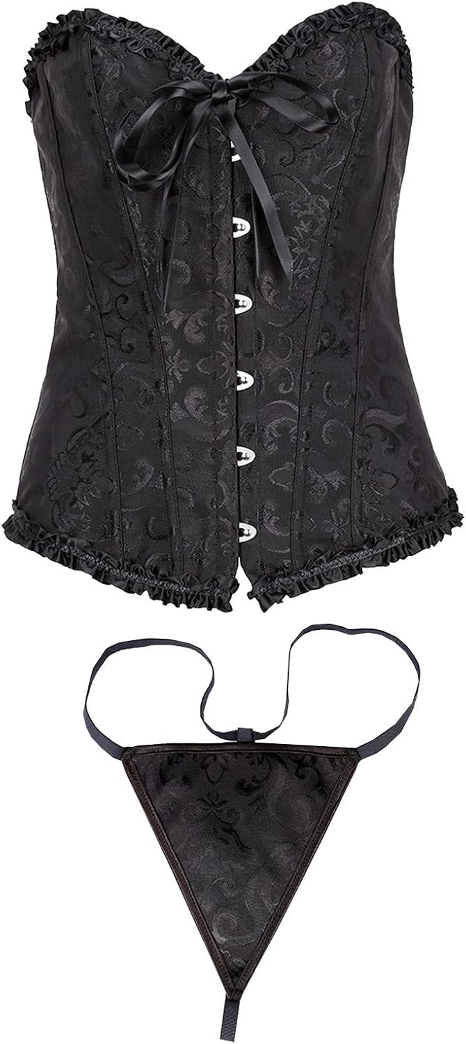 Women's Plus Size Gothic Corset Tops Renaissance Lace Up Bustier Overbust Body Shaper Steampunk Corsets with Thongs