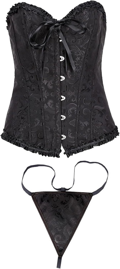 Women's Plus Size Gothic Corset Tops Renaissance Lace Up Bustier Overbust Body Shaper Steampunk Corsets with Thongs