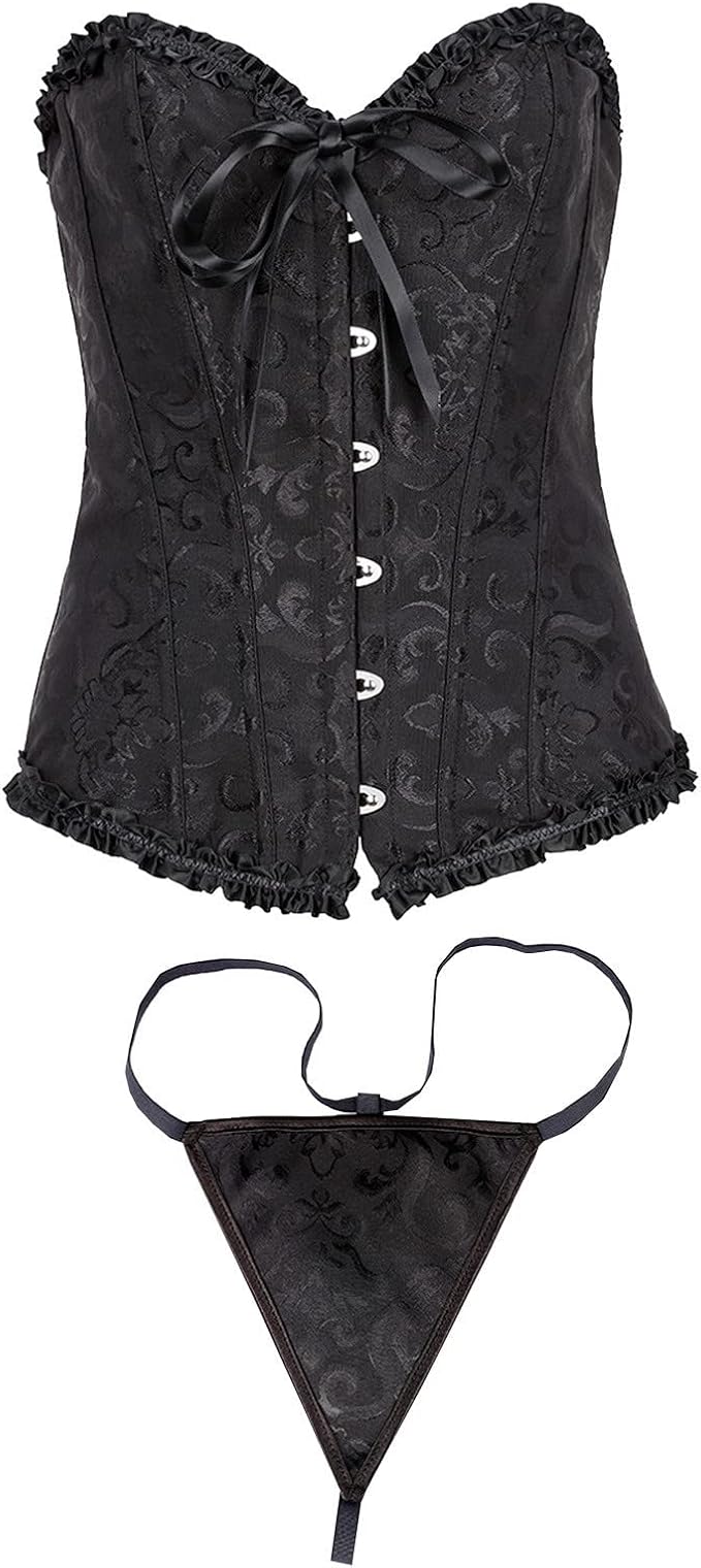 Women's Plus Size Gothic Corset Tops Renaissance Lace Up Bustier Overbust Body Shaper Steampunk Corsets with Thongs