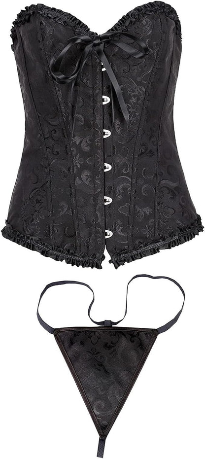 Women's Plus Size Gothic Corset Tops Renaissance Lace Up Bustier Overbust Body Shaper Steampunk Corsets with Thongs