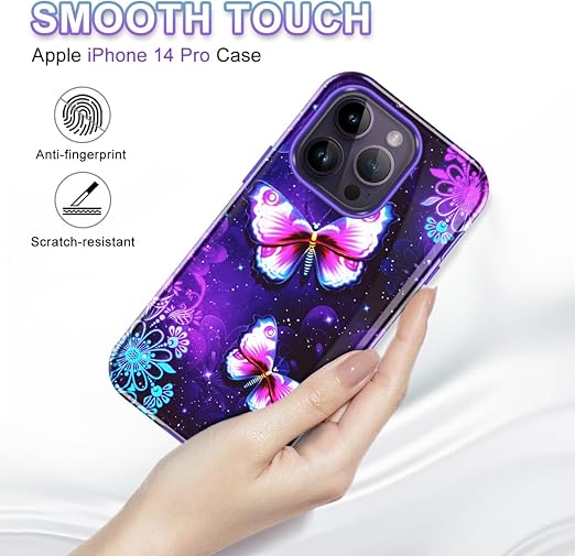 CASEFIV Compatible with iPhone 14 Pro Case,Marble Pattern 3 in 1 Heavy Duty Shockproof Full Body Rugged Hard PC+Soft Silicone Drop Protective Women Girls Cover for iPhone 14 Pro, Purple Butterfly