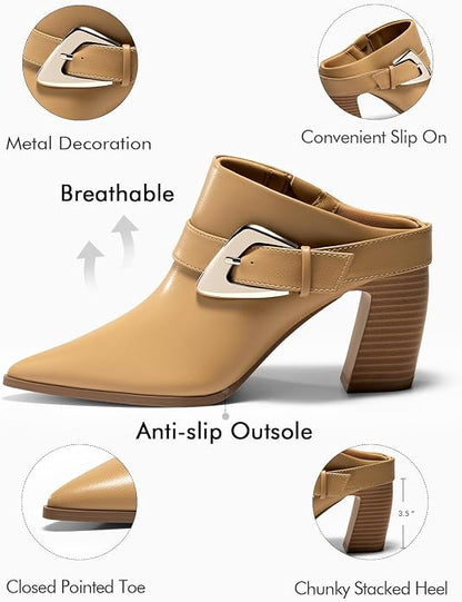Coutgo Womens Mules Boots Chunky Stacked Heel Pointed Toe Booties Slip On Dress Boot Shoes with Buckle Decoration
