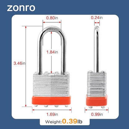 ZonRo Locks Laminated Steel Keyed Padlocks,Keyed Alike Locks, 1-916 inch Wide,Long Shackle Padlocks, Pack of 6,Orange Hoop, for Hasp Latch, Sheds, Fences, Storage Locker, School, Gym