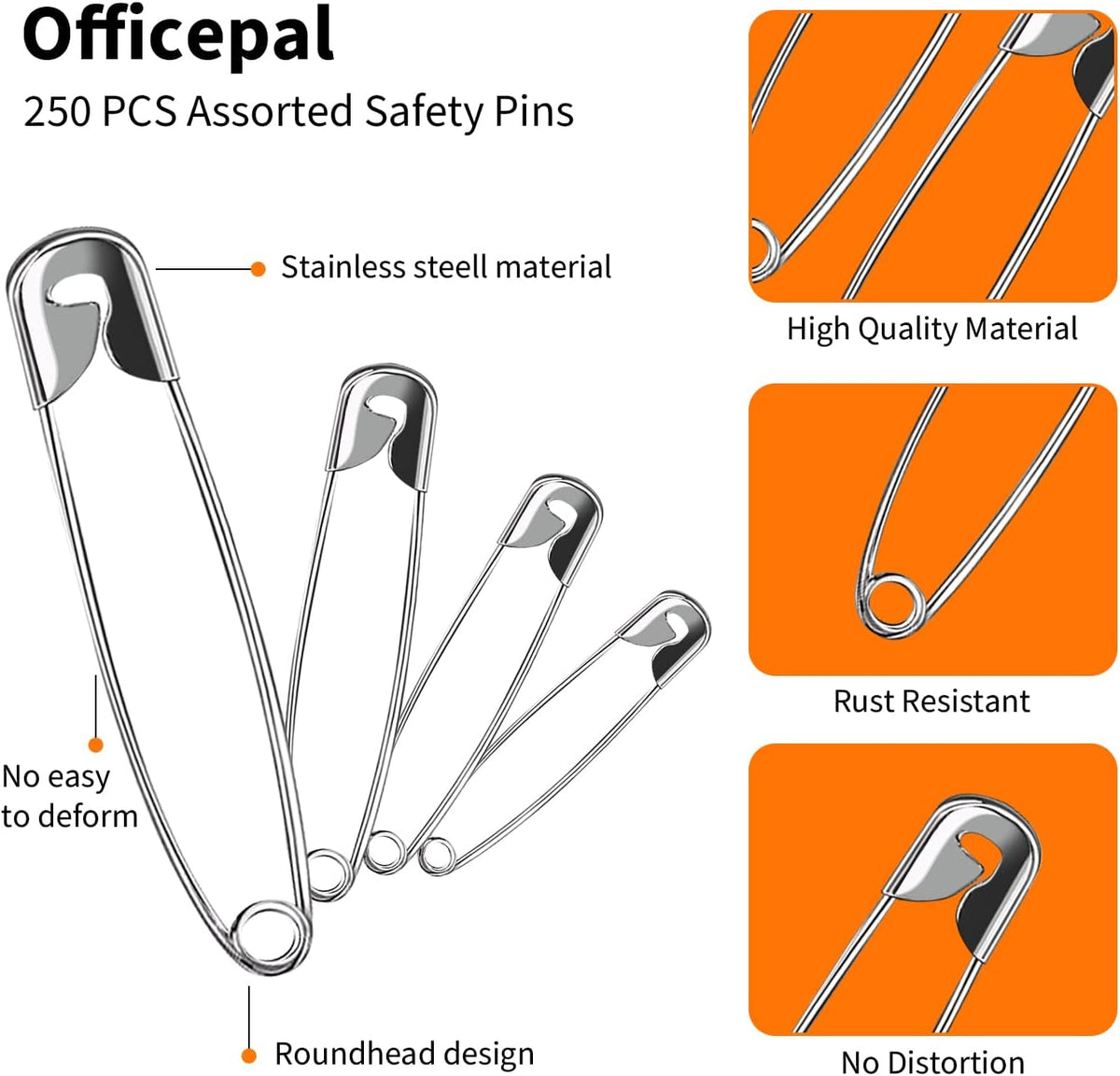 Premium Quality 4-Size Pack of Safety Pins- Top 250-Count Ц Durable, Rust-Resistant Nickel Plated Steel Set- Best Sewing Accessories Kit for Baby Clothing, Crafts, Arts (4-Size in 1 No.001)