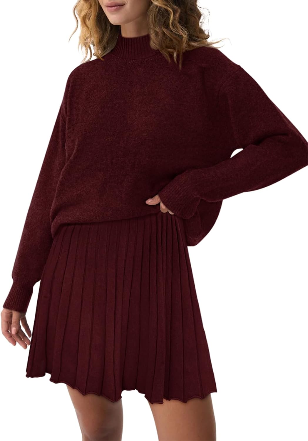 COCCKO Women's Two Piece Outfits Turtleneck Long Sleeve Ribbed Knit Tops Pleated Mini Skirt 2026 Casual Sweater Sets.