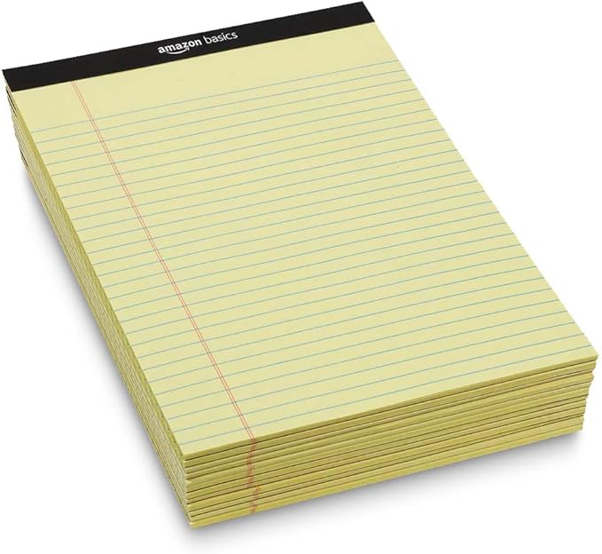 Basics Wide Ruled Lined Writing Note Pad, 8.5" x 11.75", Canary, 600 Perforated Sheets, 12-Pack of 50